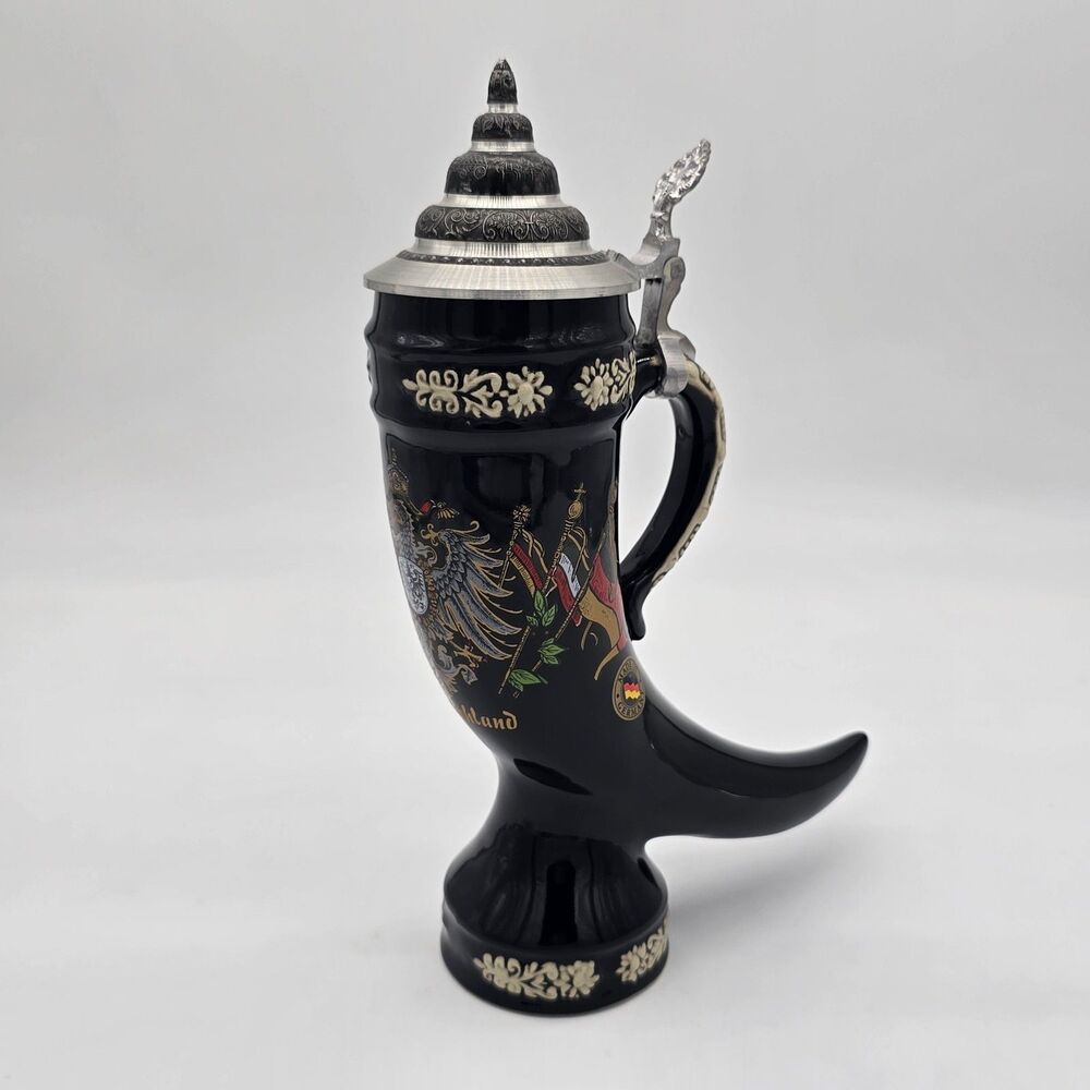 King Original Germany Horn Beer Stein Deutschland Pewter Lid Black Ceramic